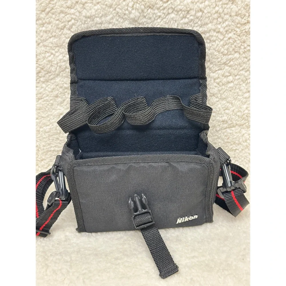 Nikon Camera Bag Black Red Stripe Strap Padded Nylon Case Buckle Closure